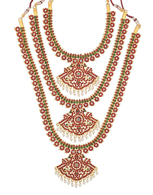 3 Step Mango Long Bharatanatyam Gold Pearl Necklace Goldencollections