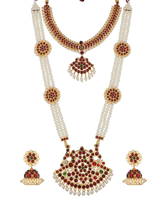 Bharatanatyam Majestic Pearls Necklace Haram Set-Golden Collections