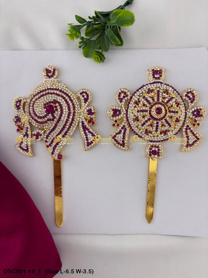 Deity Shankha Chakra Brass Stone Pair for Vishnu Decoration Size: 6.5 x 3.5, Color: Pink, Style: Shank Chakra Image 1