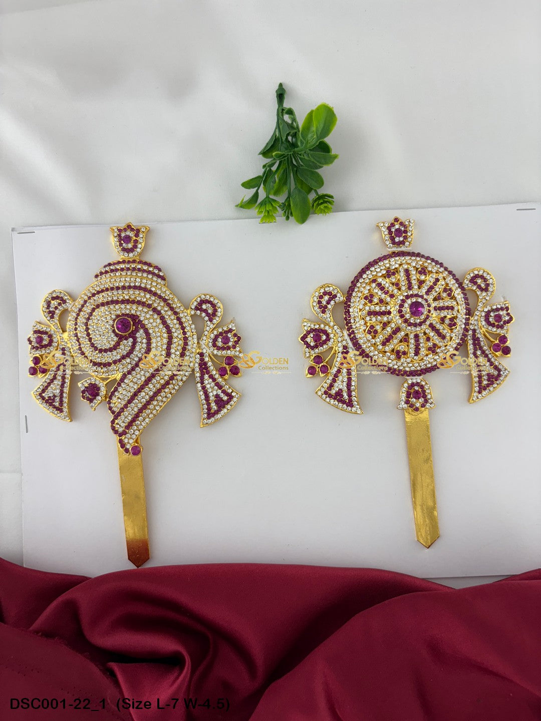 Deity Shankha Chakra Brass Stone Pair for Vishnu Decoration Size: 7 x 4.5, Color: Pink, Style: Shank Chakra Image 1