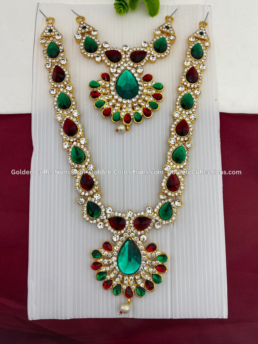 Shop Deity Goddess Amman Alangaram Green Marron stones  Necklace Haram Jewellery GoldenCollections