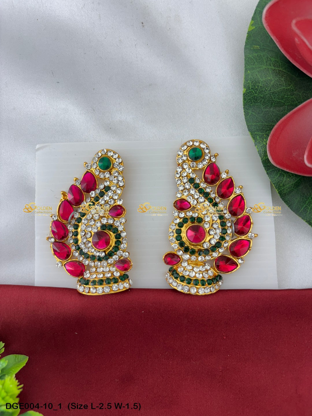 amman goddess stone earrings karna pathakam goldencollections Size: 2.5 x 1.5, Color: Multi Green, Style: Karna Pathakam Image 1