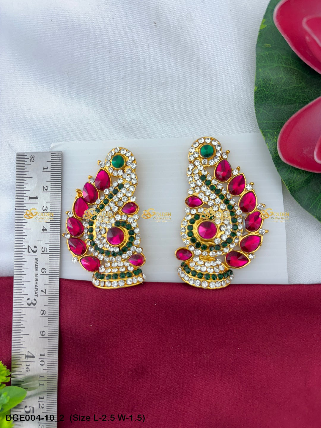 amman goddess stone earrings karna pathakam goldencollections Size: 2.5 x 1.5, Color: Multi Green, Style: Karna Pathakam Image 2