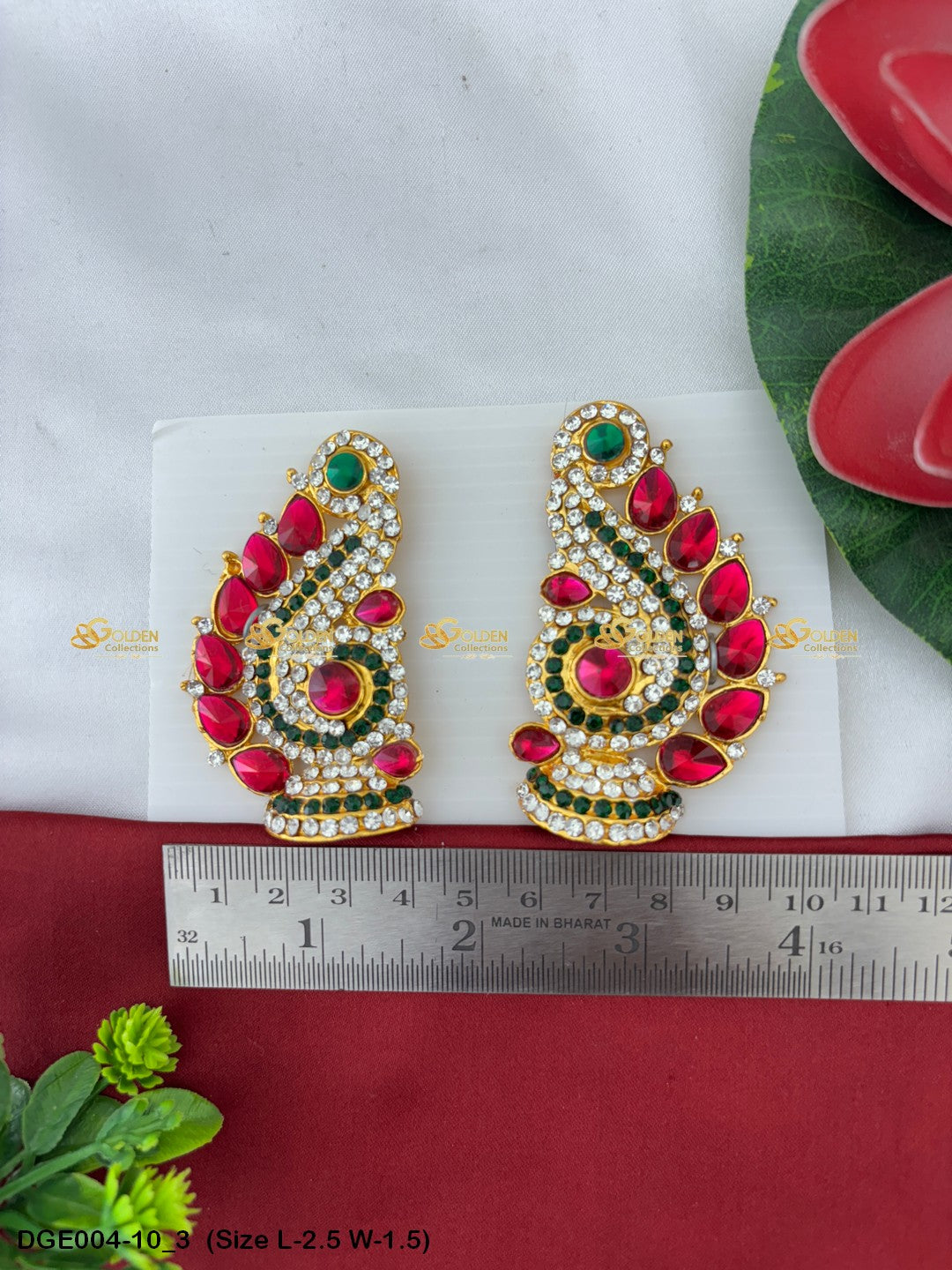 amman goddess stone earrings karna pathakam goldencollections Size: 2.5 x 1.5, Color: Multi Green, Style: Karna Pathakam Image 3