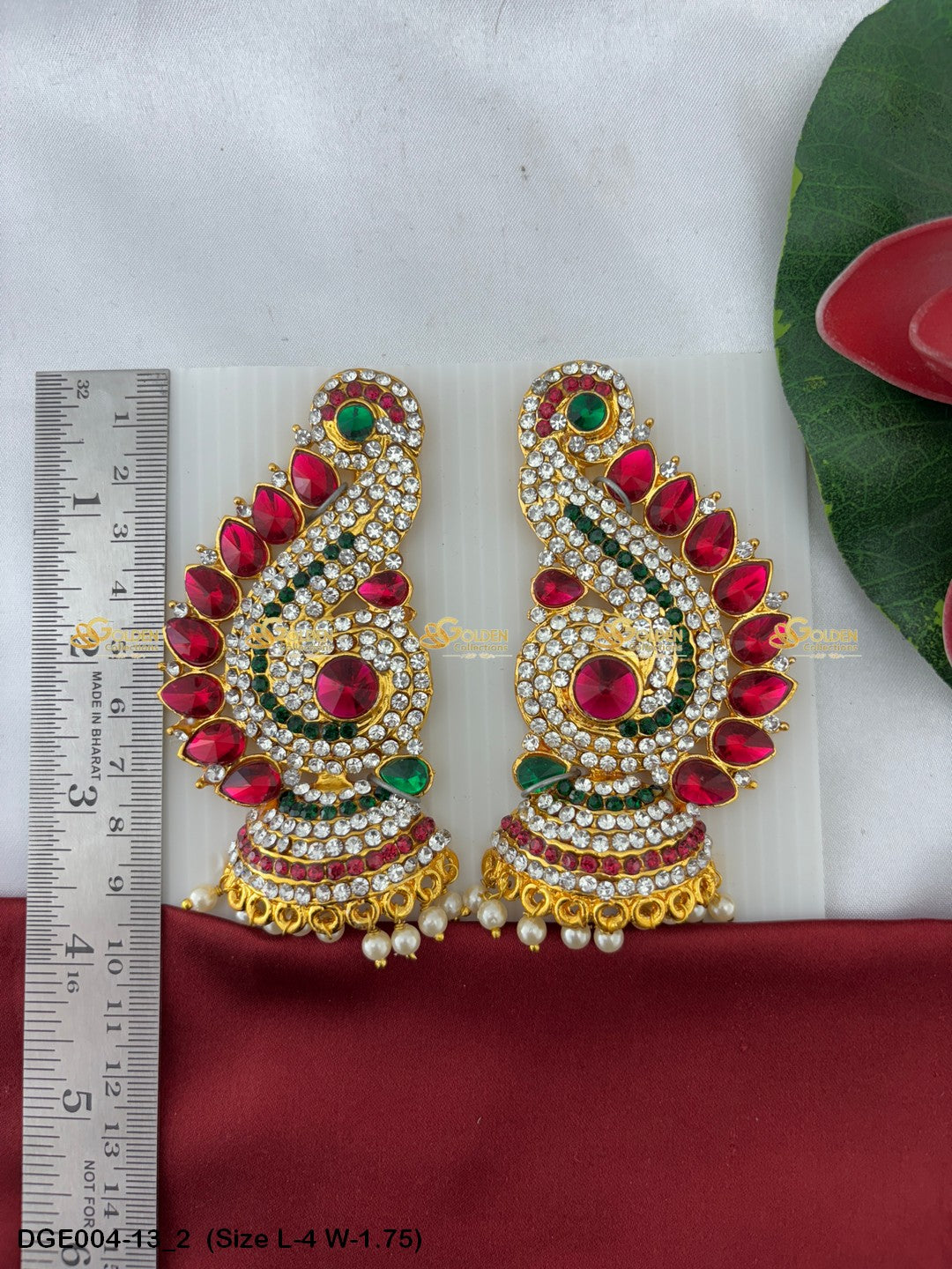 amman goddess stone earrings karna pathakam goldencollections Size: 4 x 1.75, Color: Pink, Style: Karna Pathakam Image 2