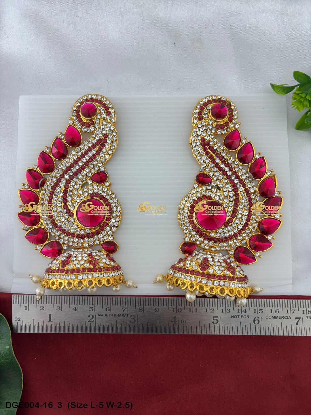 amman goddess stone earrings karna pathakam goldencollections Size: 5 x 2.5, Color: Pink, Style: Karna Pathakam Image 3