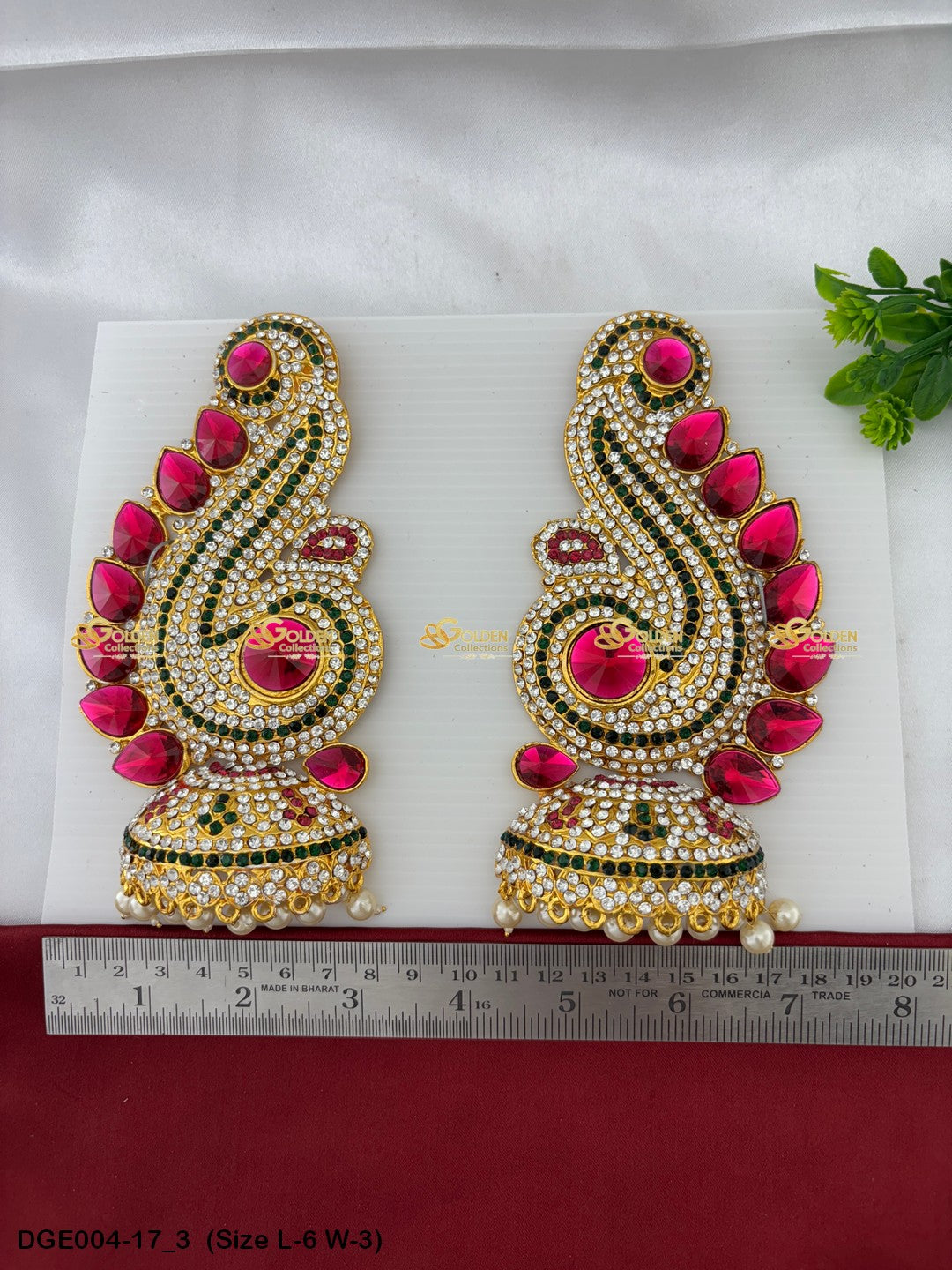 amman goddess stone earrings karna pathakam goldencollections Size: 6 x 3, Color: Pink, Style: Karna Pathakam Image 3