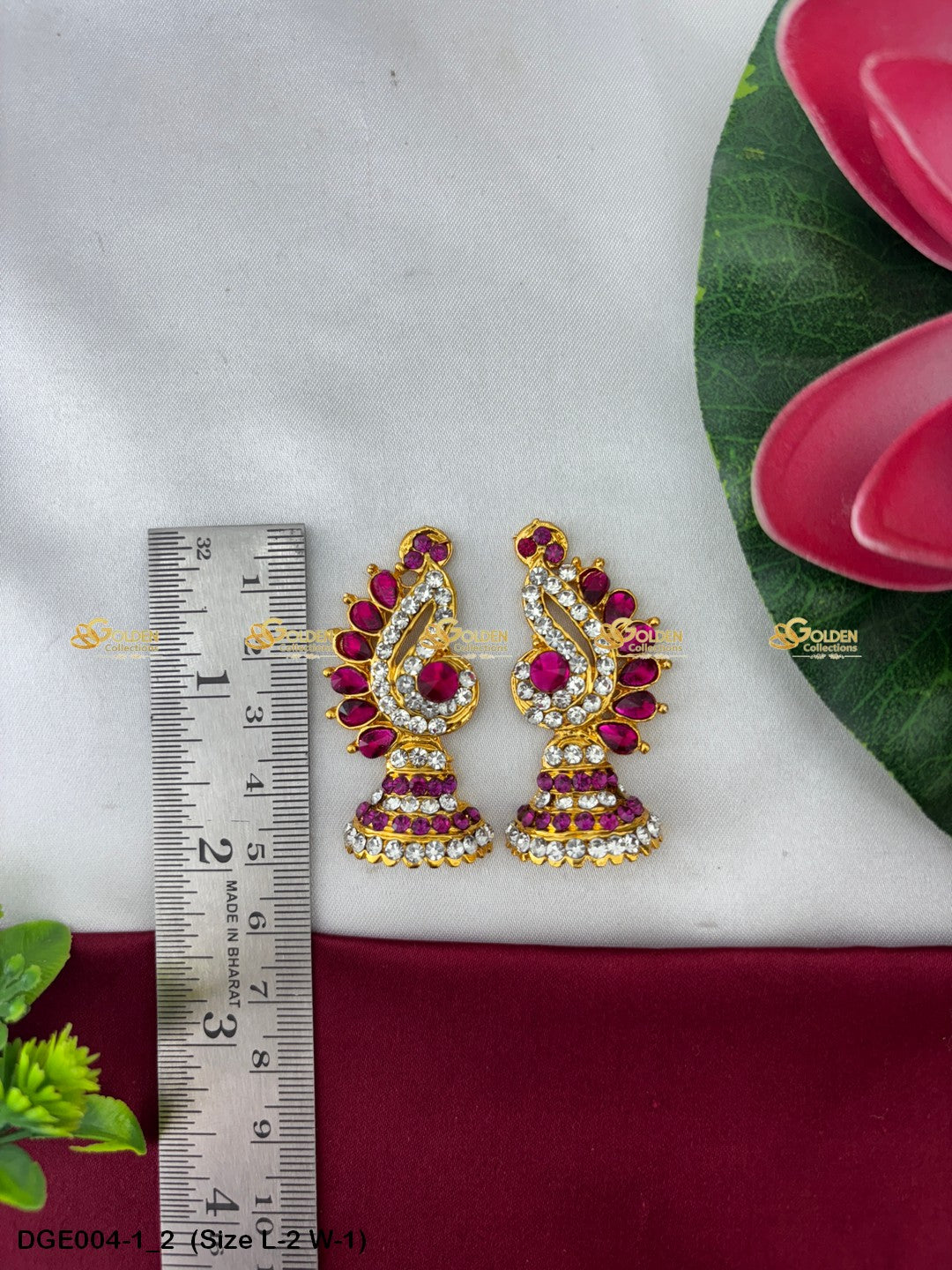 amman goddess stone earrings karna pathakam goldencollections Size: 2 x 1, Color: Pink, Style: Karna Pathakam Image 2