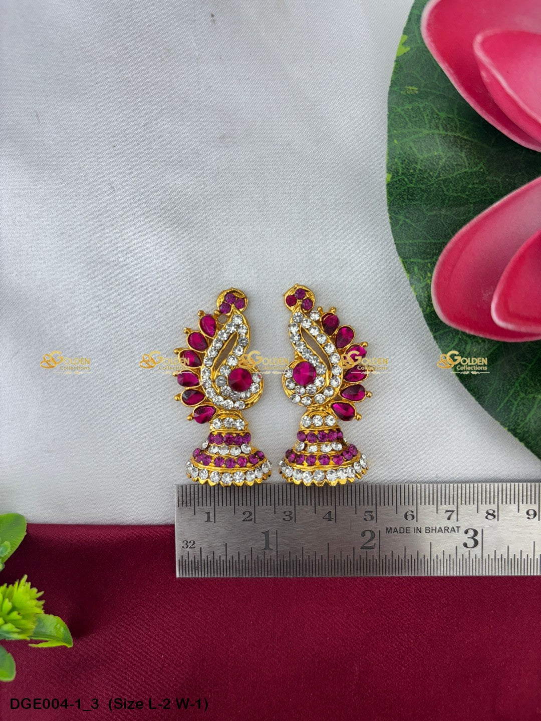 amman goddess stone earrings karna pathakam goldencollections Size: 2 x 1, Color: Pink, Style: Karna Pathakam Image 3