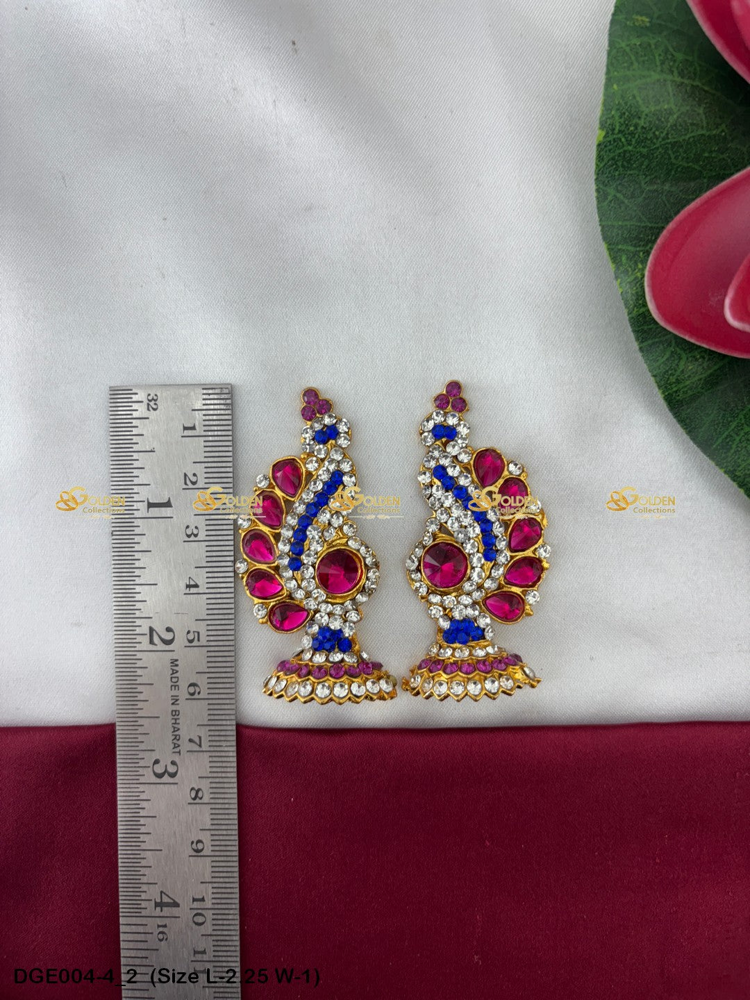 amman goddess stone earrings karna pathakam goldencollections Size: 2.25 x 1, Color: Pink, Style: Karna Pathakam Image 2