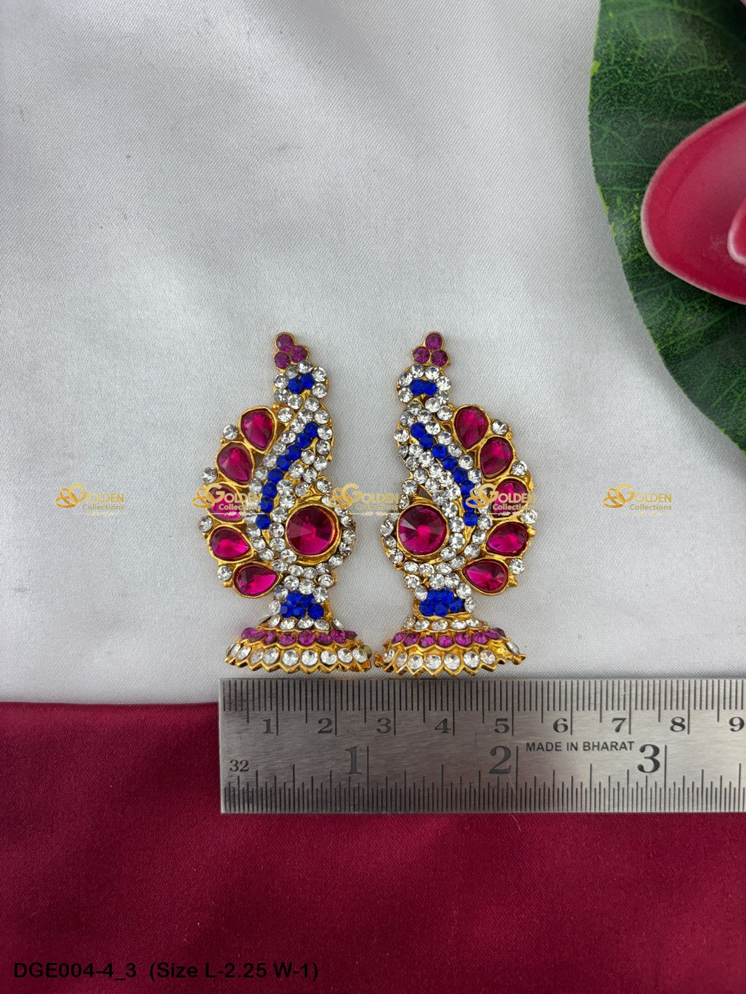 amman goddess stone earrings karna pathakam goldencollections Size: 2.25 x 1, Color: Pink, Style: Karna Pathakam Image 3