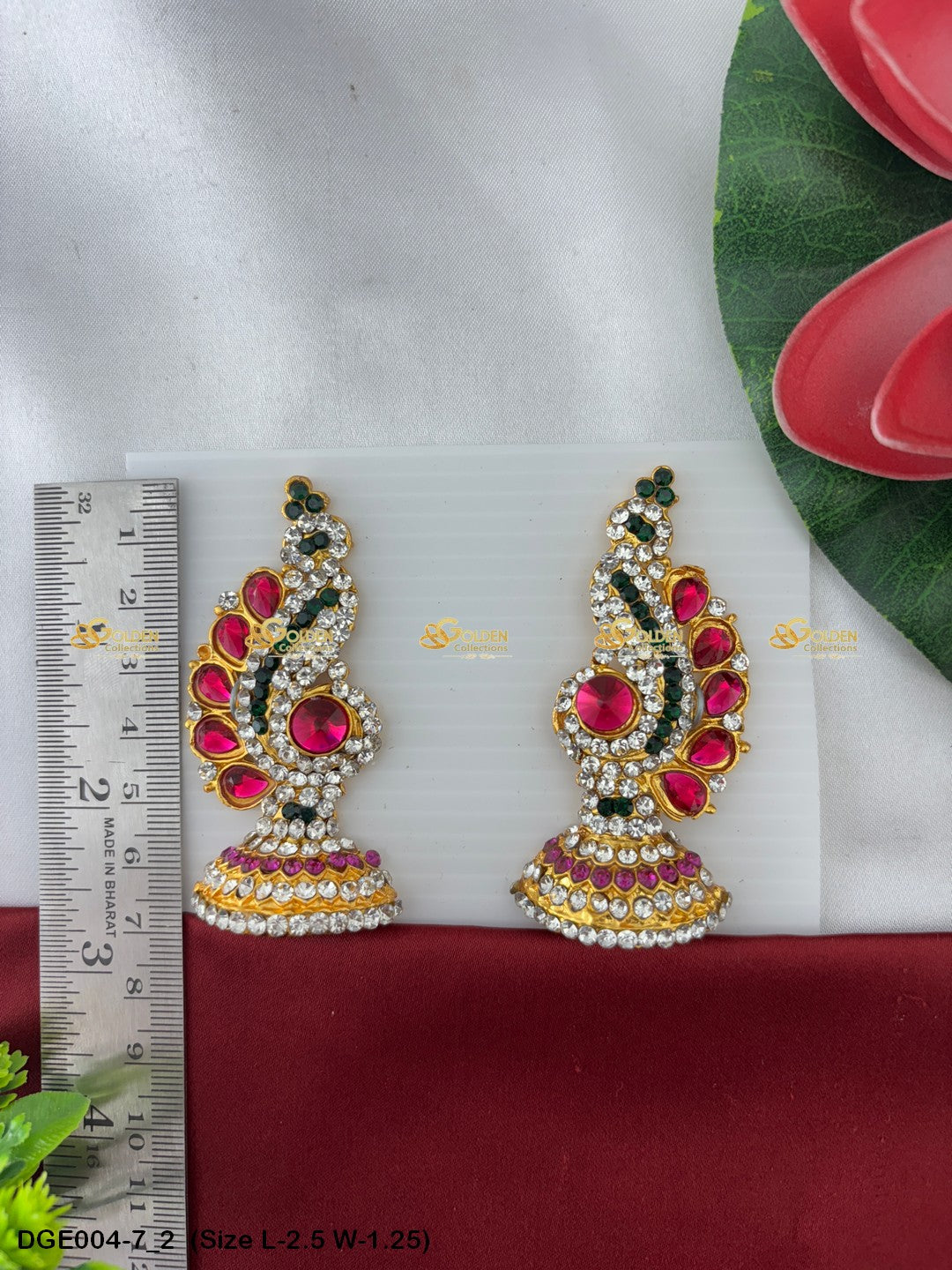 amman goddess stone earrings karna pathakam goldencollections Size: 2.5 x 1.25, Color: Pink, Style: Karna Pathakam Image 2