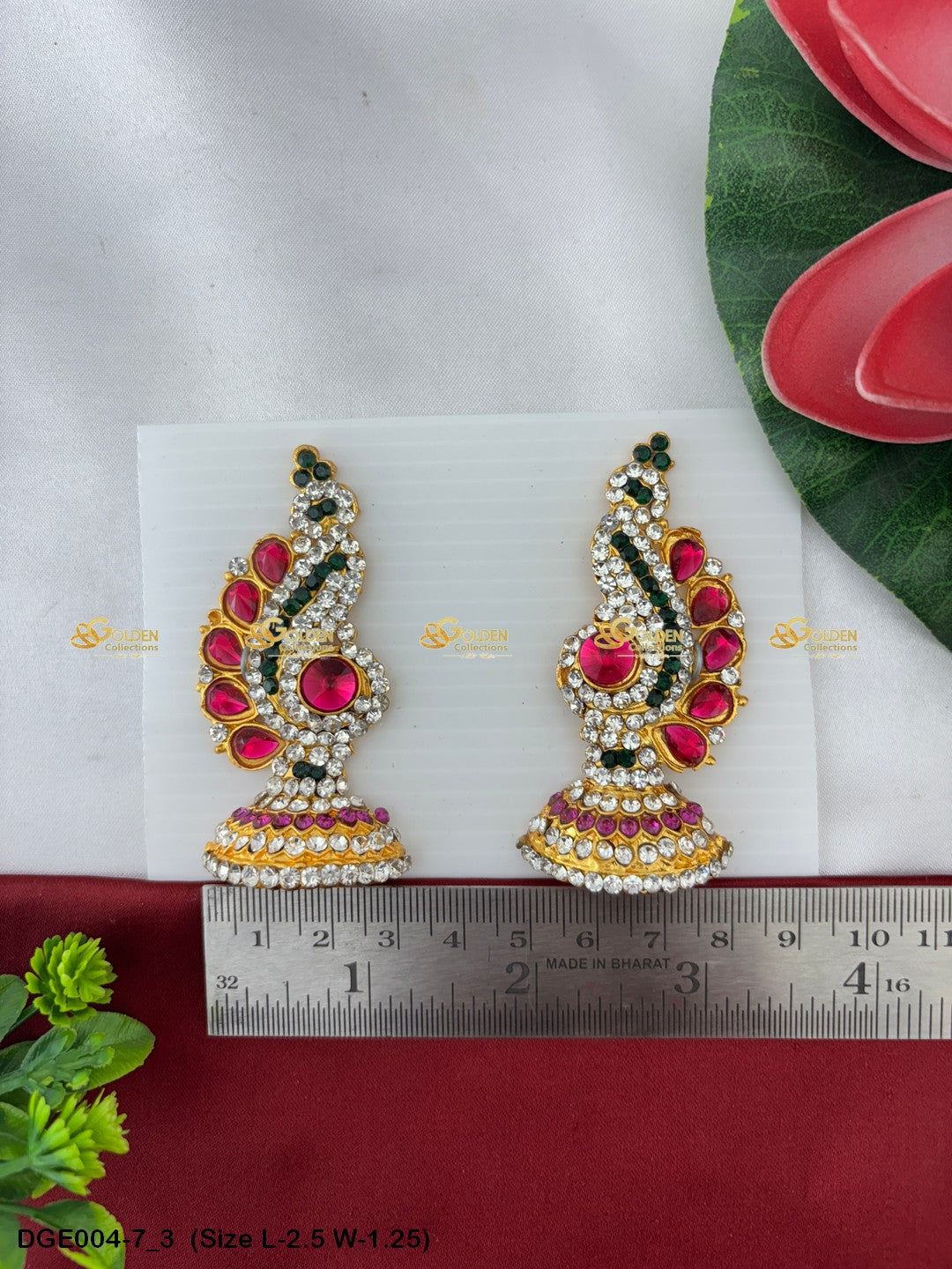 amman goddess stone earrings karna pathakam goldencollections Size: 2.5 x 1.25, Color: Pink, Style: Karna Pathakam Image 3