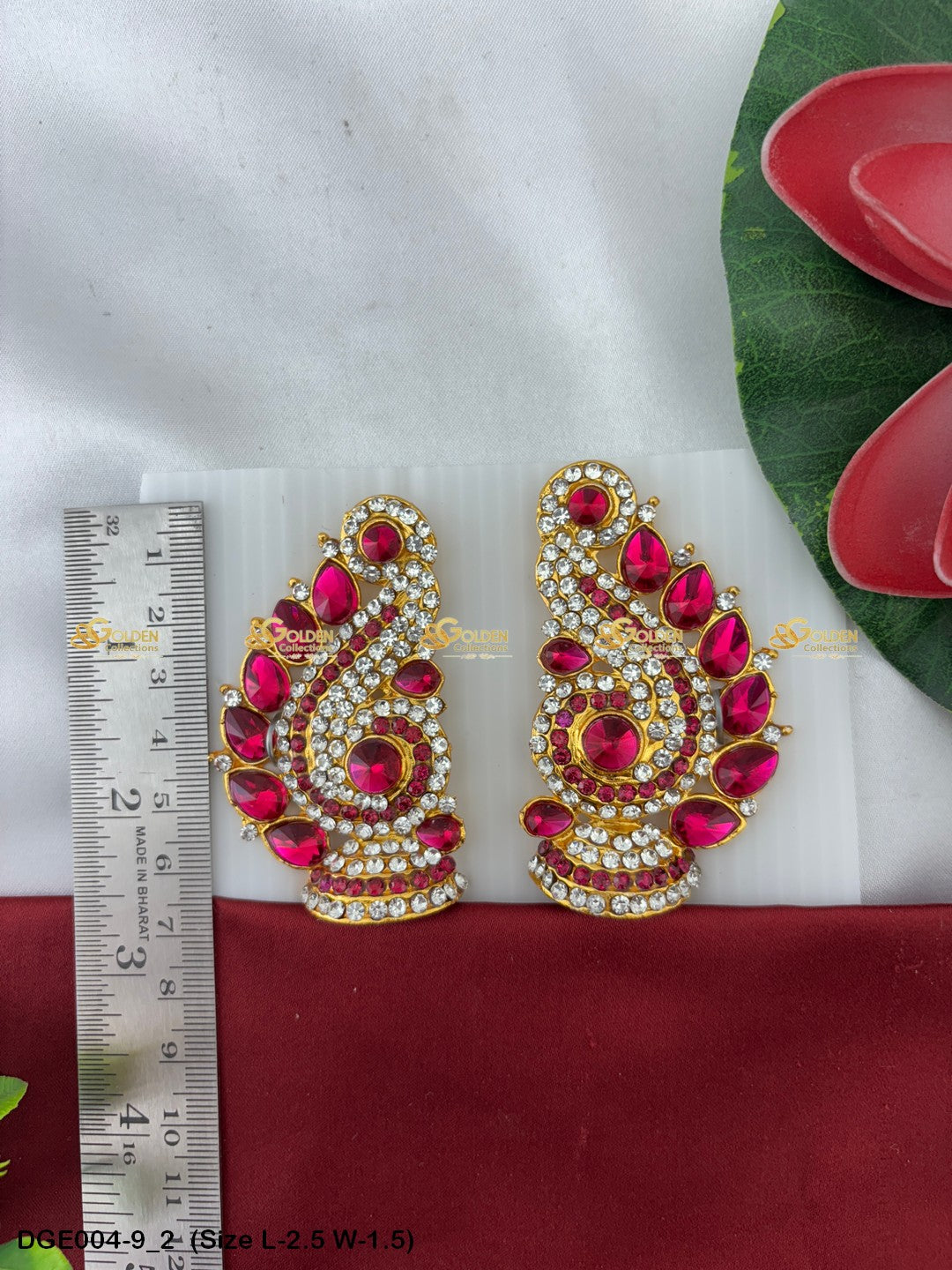 amman goddess stone earrings karna pathakam goldencollections Size: 2.5 x 1.5, Color: Pink, Style: Karna Pathakam Image 2