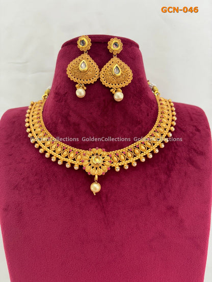Artificial Necklace Set : Short Costume Jewellery Golden Collections 
