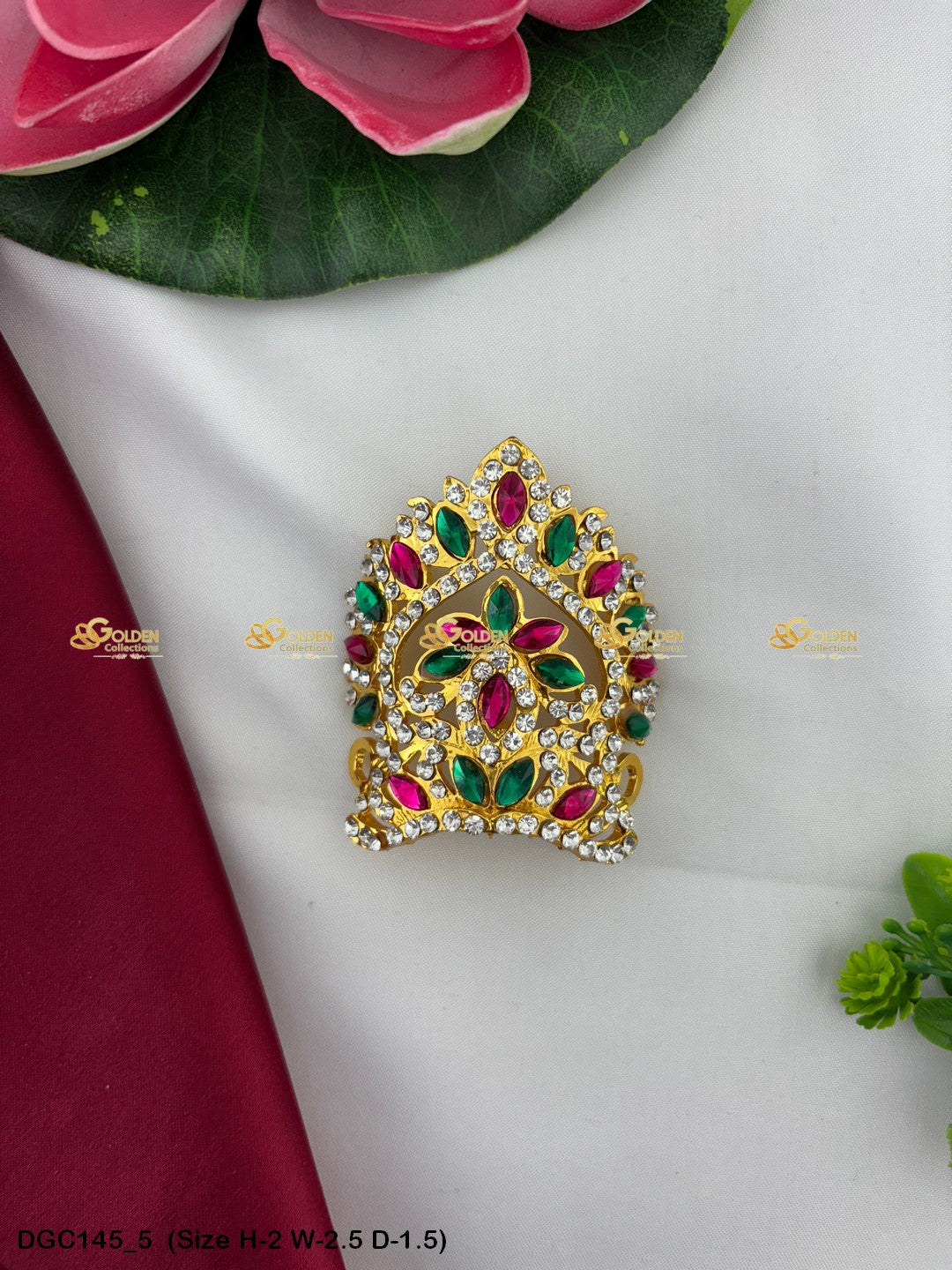 Exquisite Mukut For Deity Goddess Idol Goldencollections Size: 2 X 2.5 X 1.5, Color: Multi Green, Style: Half Round Image 5