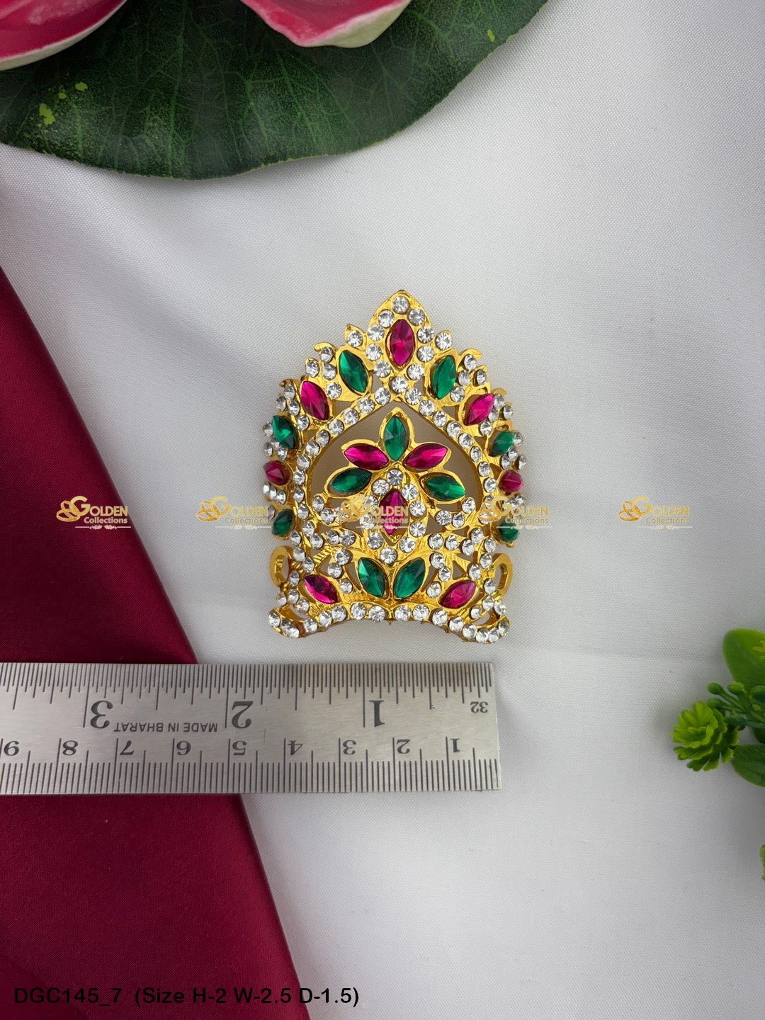 Exquisite Mukut For Deity Goddess Idol Goldencollections Size: 2 X 2.5 X 1.5, Color: Multi Green, Style: Half Round Image 7