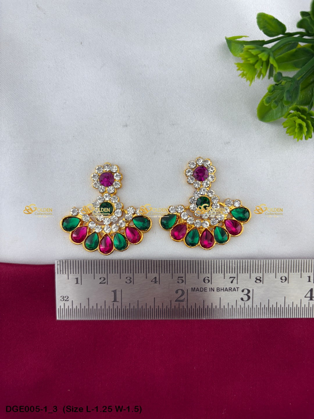 goddess ammavaru stone earrings set goldencollections Size: 1.25 x 1.5, Color: Pink, Style: Karna Pathakam Image 3