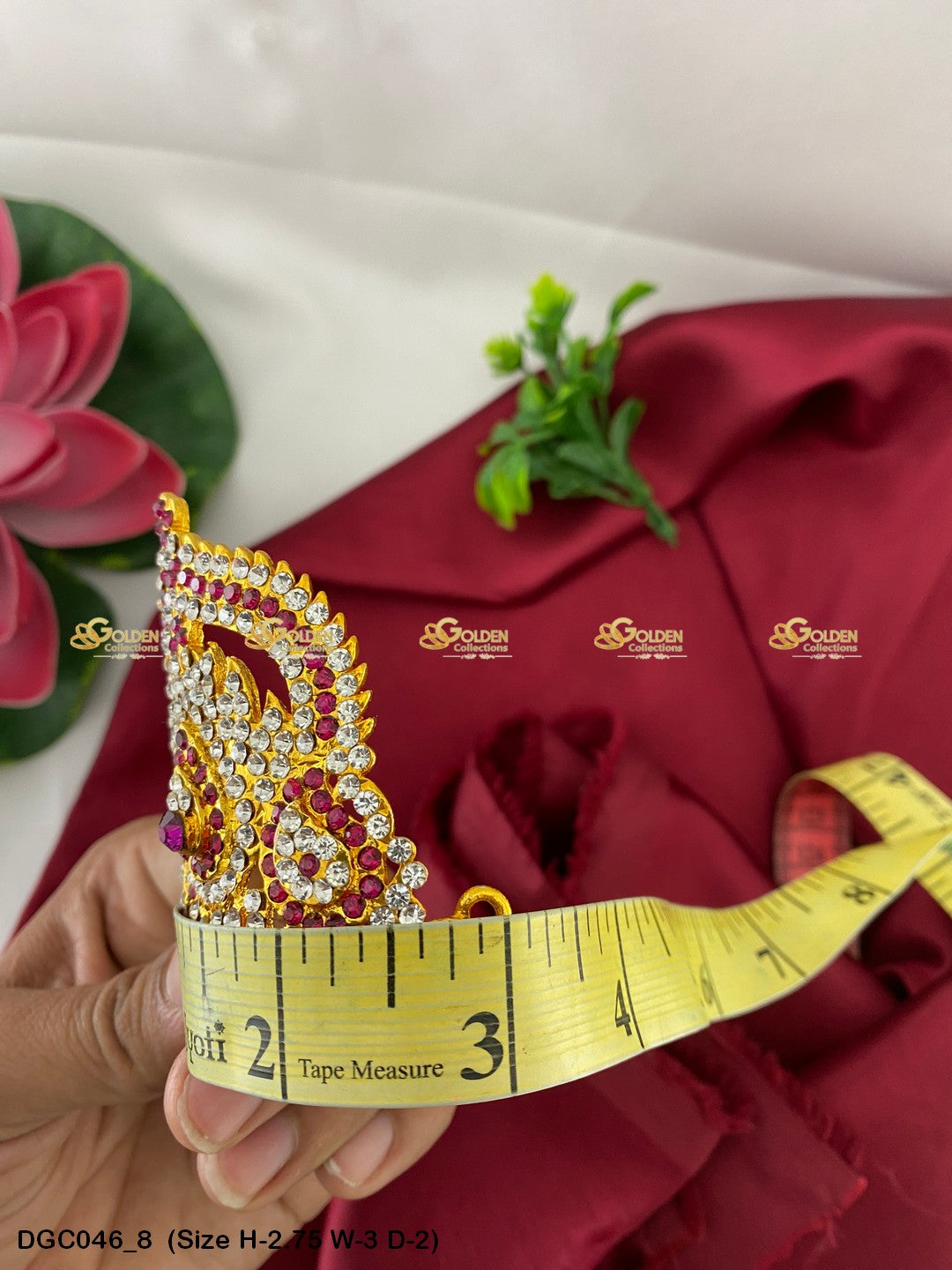 Traditional Indian Crown Mukut For Deity Goldencollections Size: 2.75 X 3.25 X 2, Color: Pink, Style: Half Round Image 8