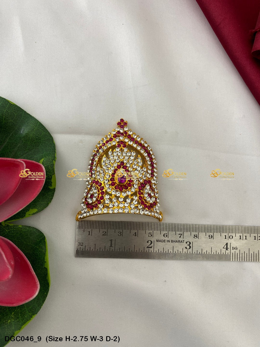 Traditional Indian Crown Mukut For Deity Goldencollections Size: 2.75 X 3.25 X 2, Color: Pink, Style: Half Round Image 9